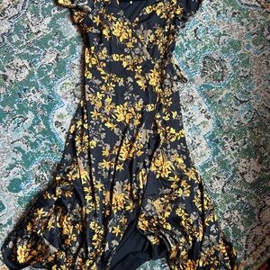 Baltic Born Black and Yellow Floral Asymmetrical  Wrap Dress